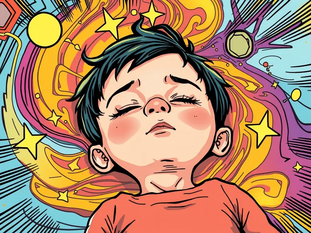 A colorful and imaginative illustration of a child dreaming, with swirling patterns and vibrant colors around their head, representing the astral body. The scene is filled with fantastical elements and symbols of creativity.