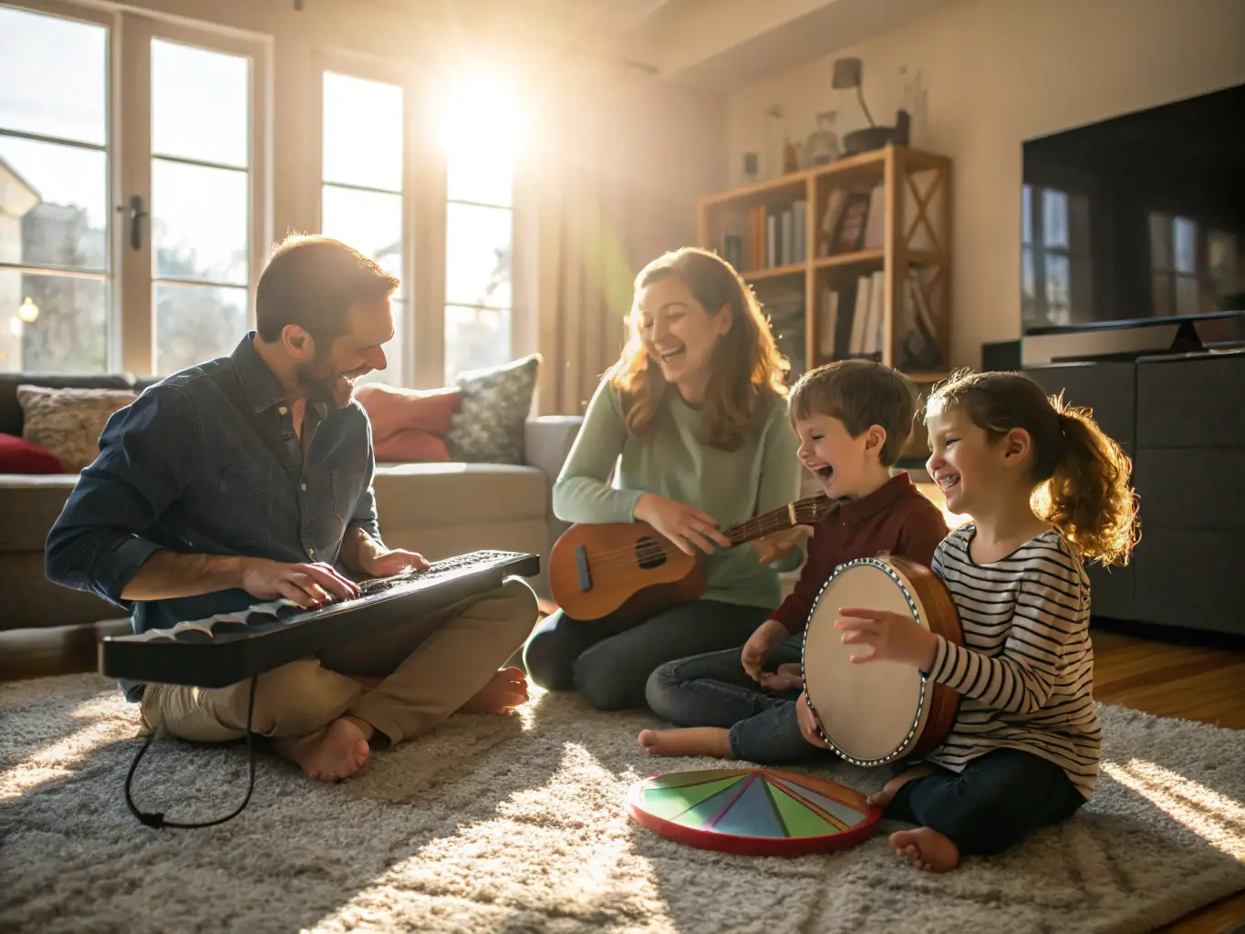 An image showing a family engaging in a playful activity that promotes heart coherence, such as singing or dancing together, in a vibrant and joyful setting.