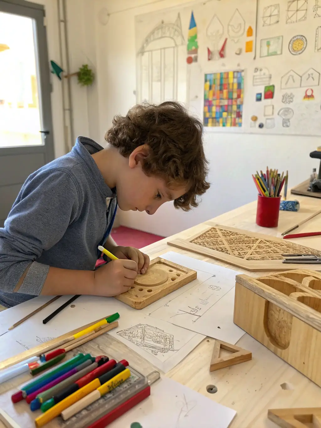 A child carefully drawing a geometric pattern with a compass and ruler at a table in Mission All One library, surrounded by books and geometric models.