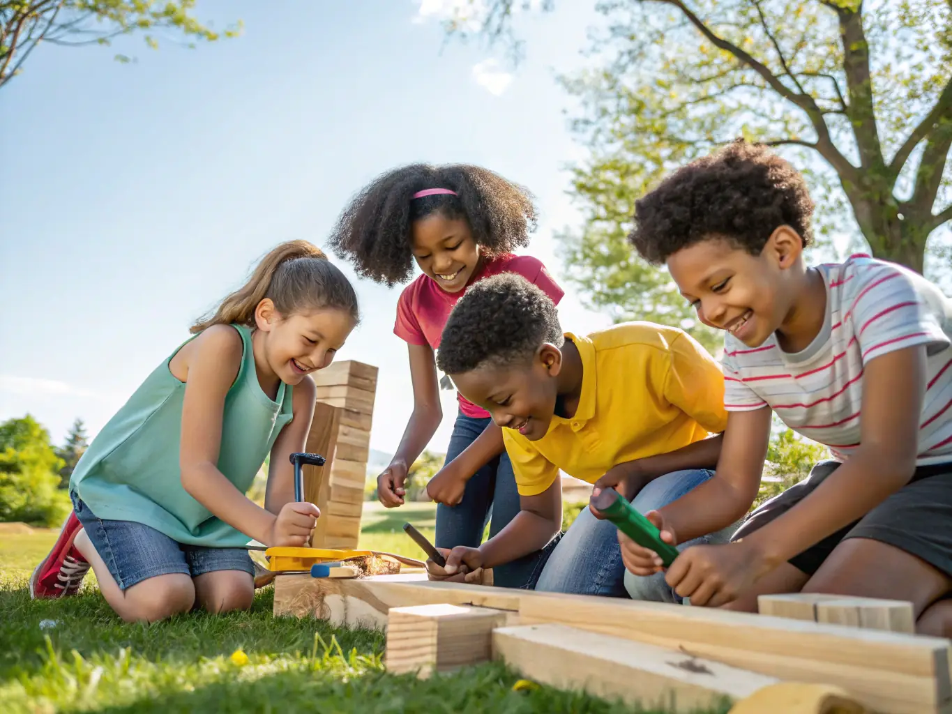 Children are collaborating on a creative project, building a miniature Earth model, showcasing teamwork and environmental awareness.