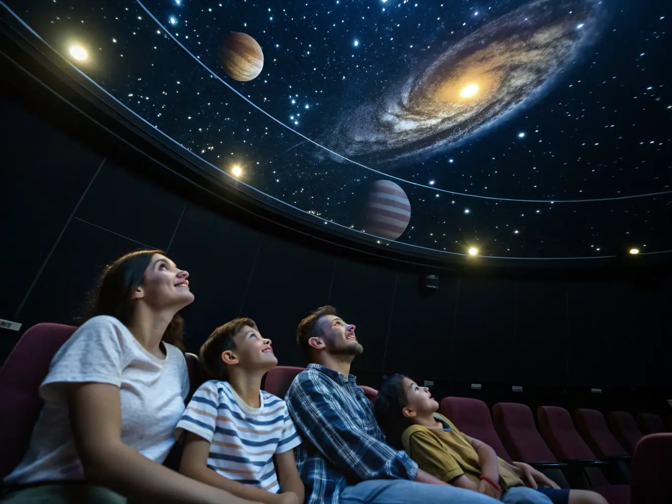 A vibrant illustration depicting children gazing in awe at a planetarium show, surrounded by stars and planets, capturing the wonder and excitement of space exploration.