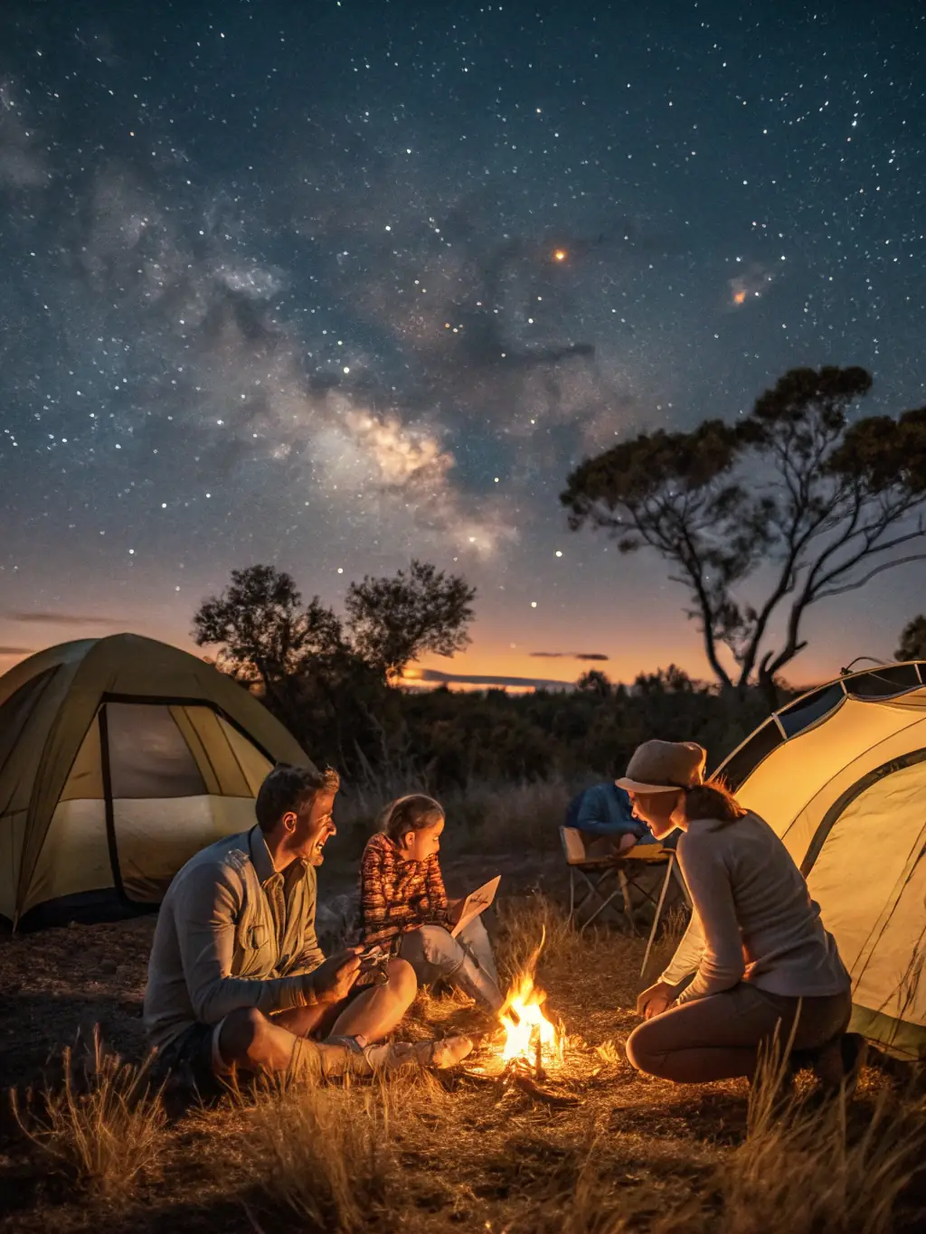 A heartwarming image of children sharing stories and laughter around a campfire under a starry sky. The scene evokes a sense of community, connection, and the sharing of ancient wisdom.