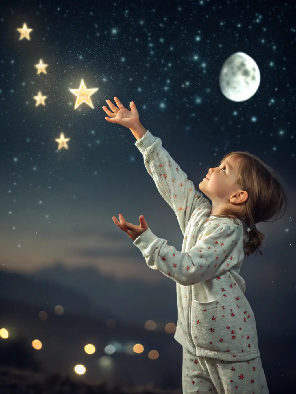 A brightly colored illustration of children gazing in wonder at a starlit sky, representing the element of wonder in the Dream Weaver space at Mission All One.