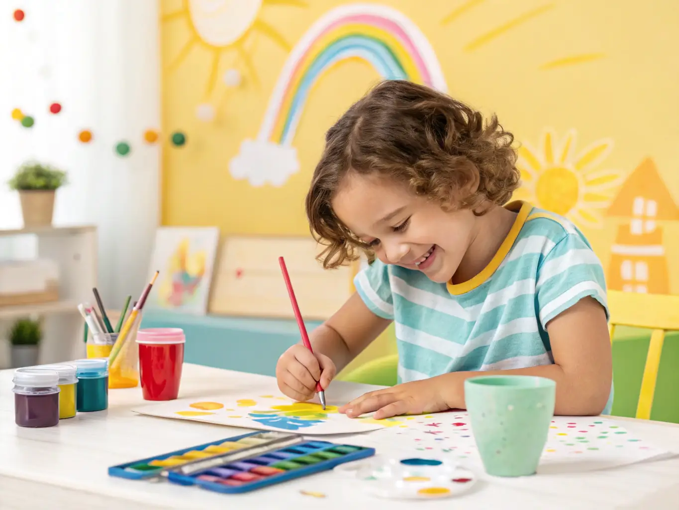 A heartwarming image of children working together on a space-themed art project, painting planets and stars, symbolizing unity and connection through cosmic exploration.