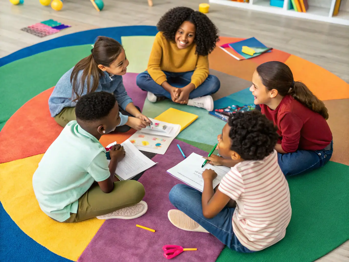 A vibrant image depicting children engaged in energy mapping exercises, using colorful markers and diagrams to explore their emotions and feelings in a playful and supportive environment at Mission All One.