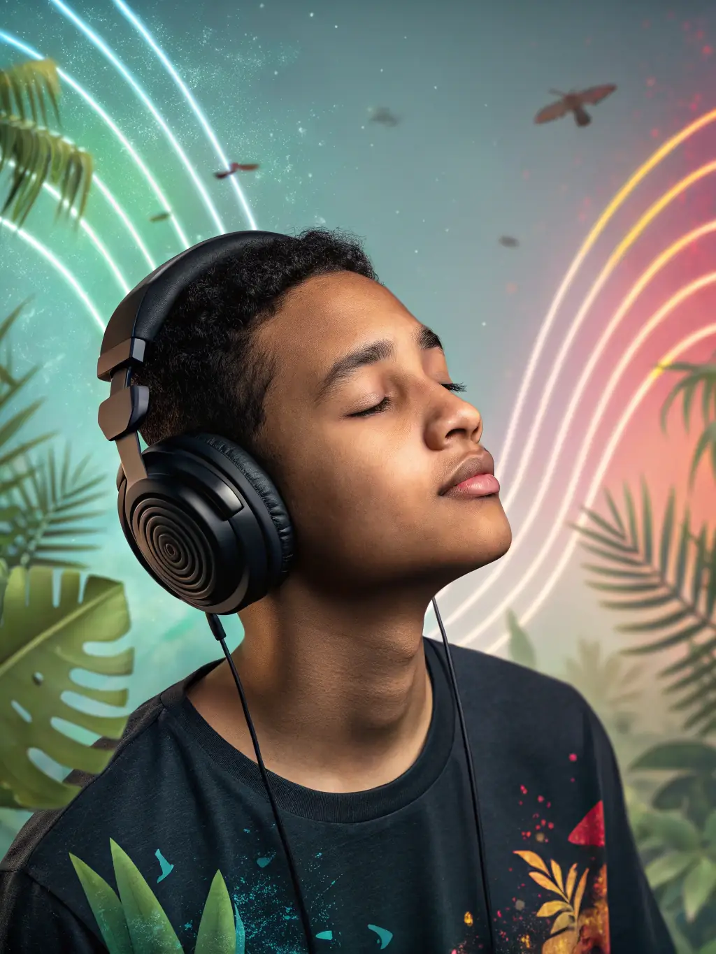 A colorful illustration showing a child listening to music with headphones, with geometric patterns subtly overlaid on the sound waves, representing the connection between geometry and the harmony of sound.