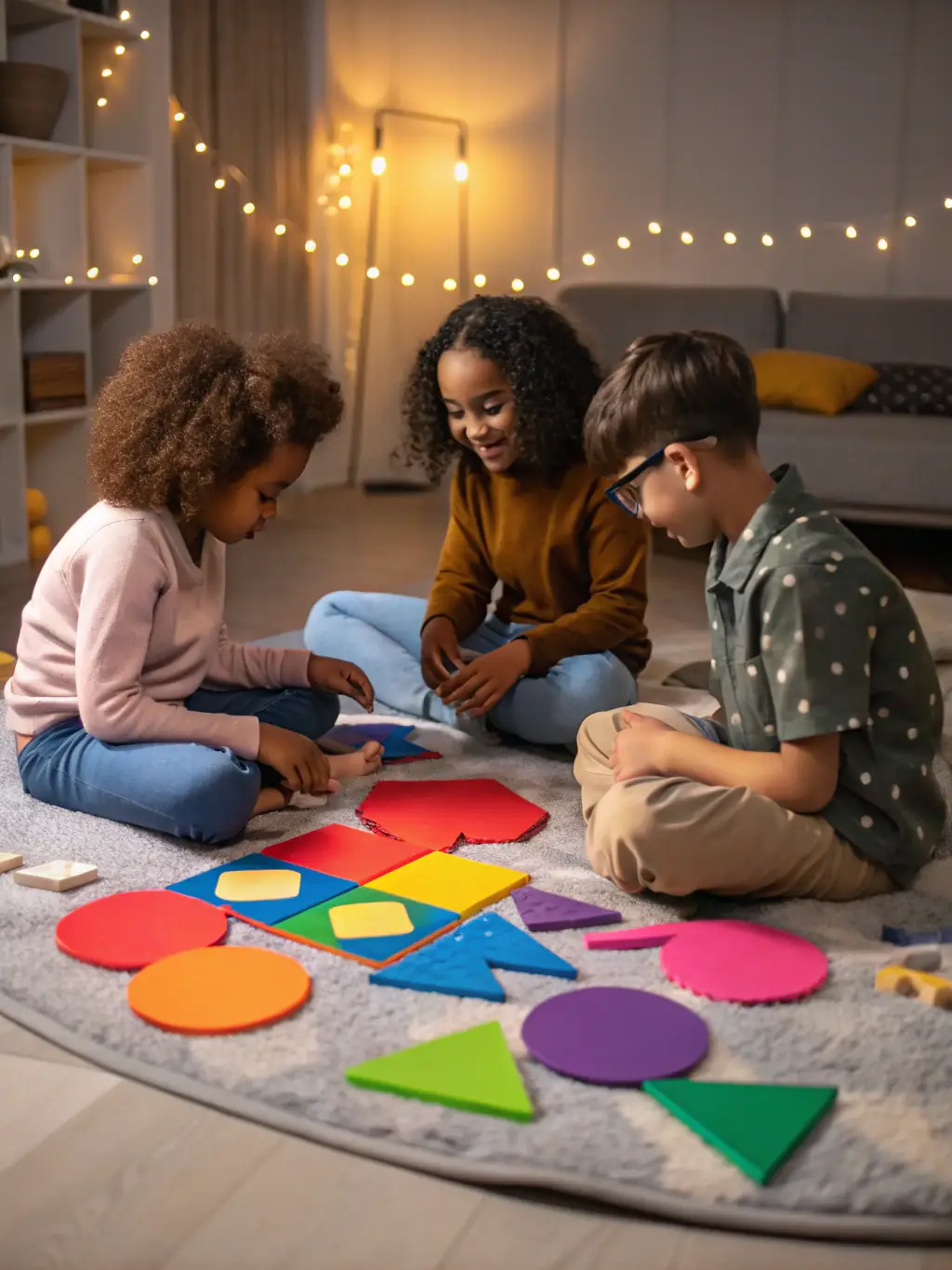 Children constructing a Platonic solid from colorful straws and connectors, working together on the floor of the Mission All One library.