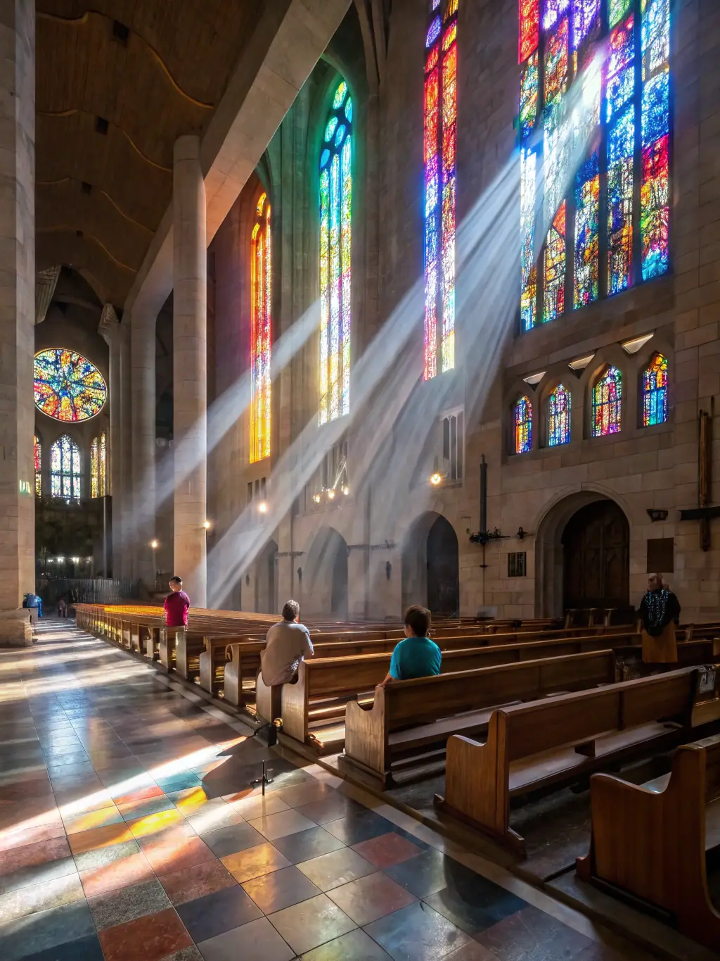 A photograph of a child looking up in awe at a grand cathedral with intricate geometric designs in its stained glass windows and arches, showcasing the role of geometry in creating inspiring architectural marvels.