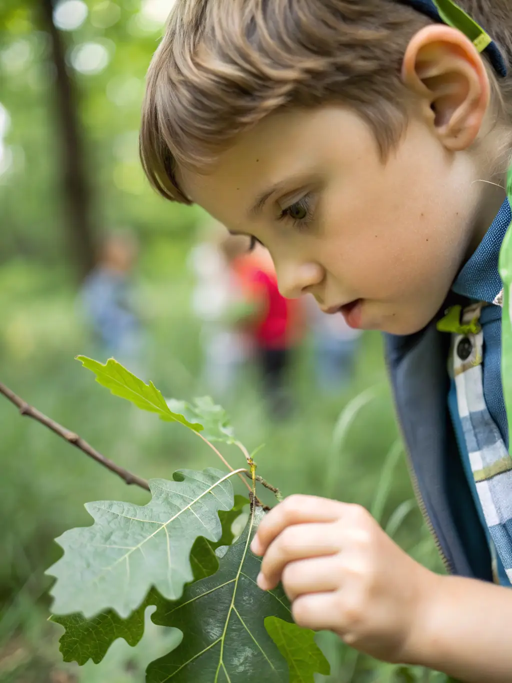 A close-up shot of a child's hands exploring a fractal pattern in a natural object, like a fern, during a Mission All One nature walk.
