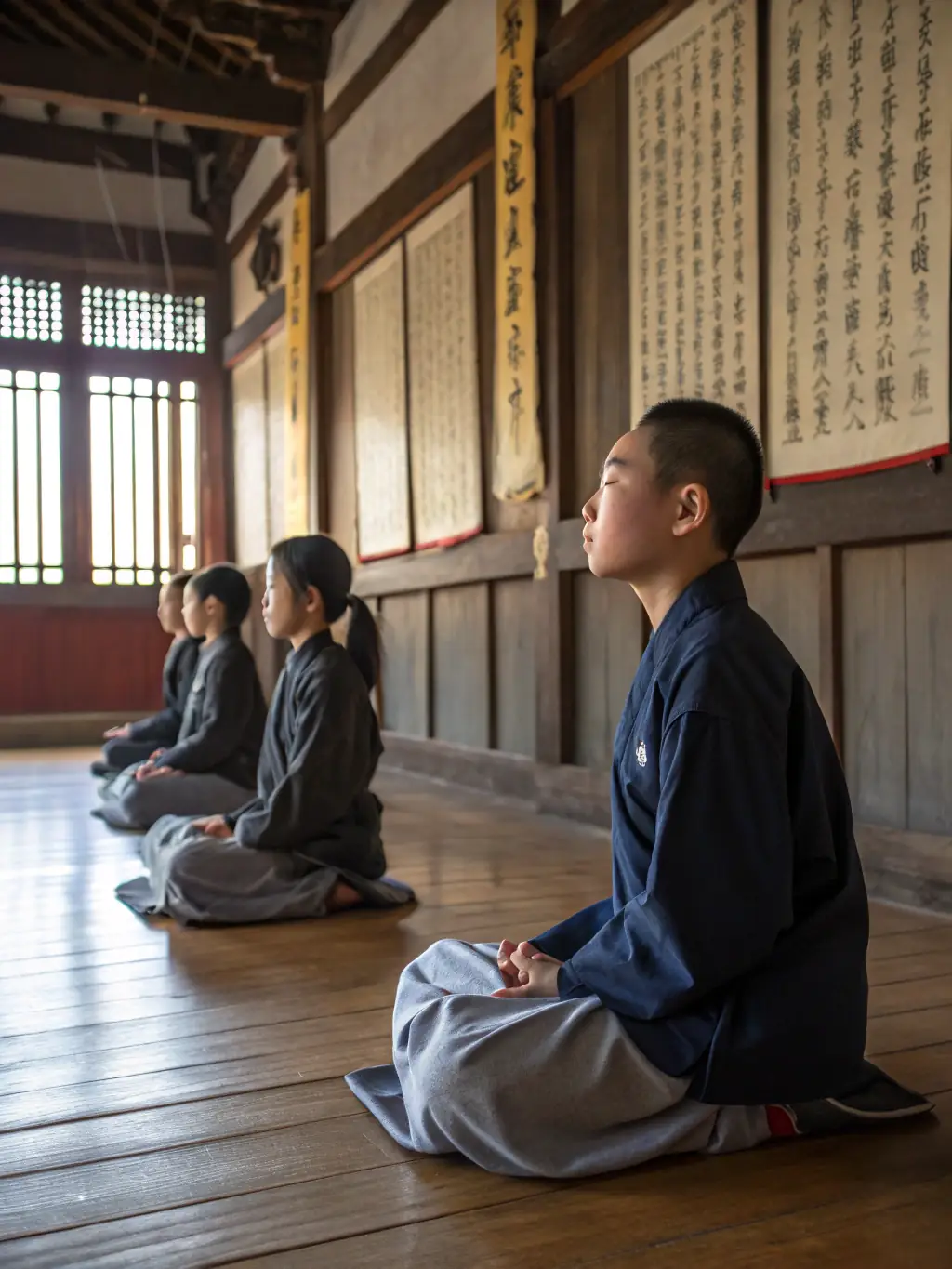 A serene photograph of children meditating or practicing mindfulness, representing the element of stillness and inner peace at Mission All One.