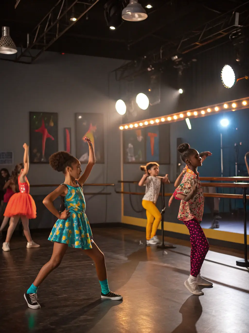 A group of children moving in a circle, guided by an instructor, performing a dance that embodies geometric principles in the Mission All One studio.