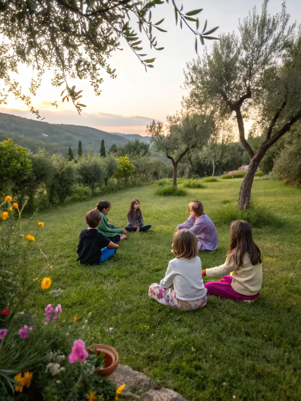 A vibrant illustration depicting children sitting in a circle outdoors, listening attentively to an elder who is gesturing towards a lush garden. The scene is bathed in warm sunlight, emphasizing the connection to nature and the earth's wisdom.