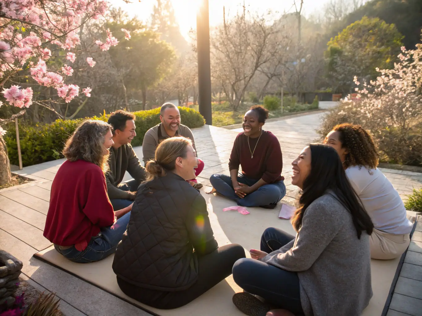 A heartwarming image of diverse individuals of different ages laughing and connecting, illustrating the sense of community and belonging fostered by the Council of Light.