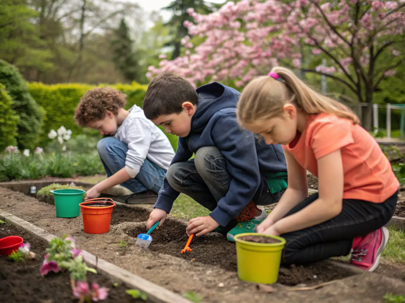 A group of diverse children are joyfully participating in a Mamma Gaia curriculum activity outdoors, planting seeds in a garden, symbolizing growth and connection to nature.