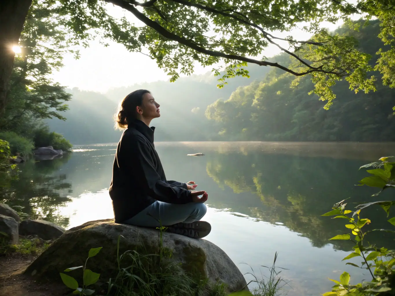 A child is meditating peacefully in a serene natural setting, embodying inner peace and emotional regulation.