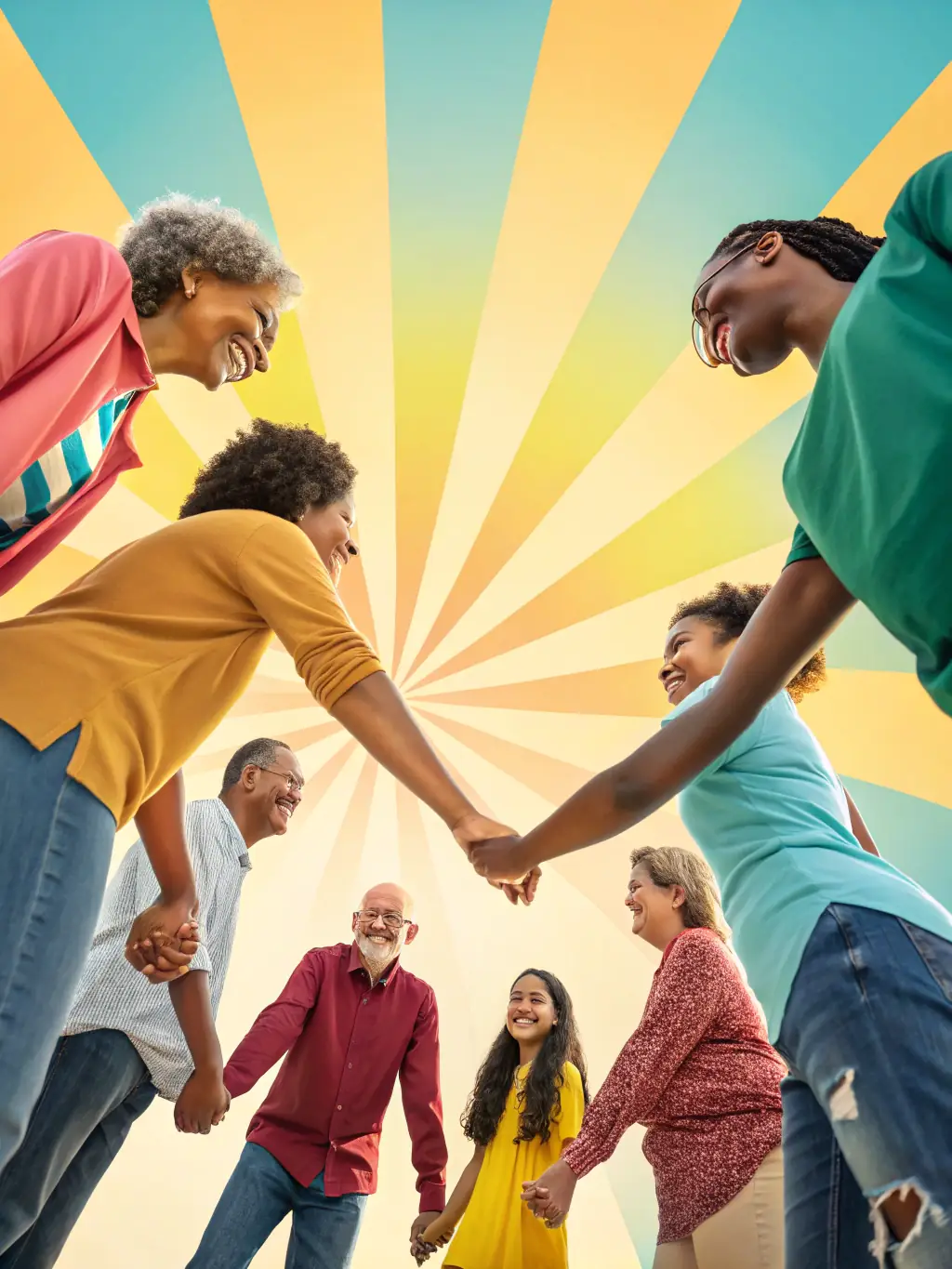A digital painting of children holding hands, forming a circle around the Earth, with rays of light emanating from their hearts, symbolizing unity and connection for Mission All One.