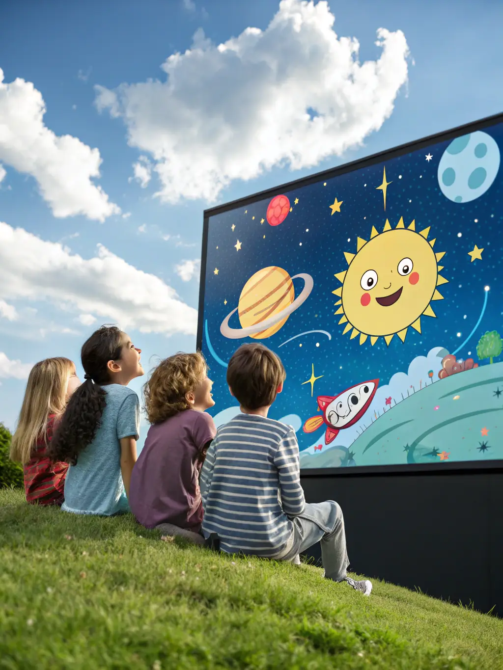 A colorful and whimsical image of children gazing at a telescope, with planets and constellations visible in the night sky, illustrating the Wondering the Cosmos theme for Mission All One.