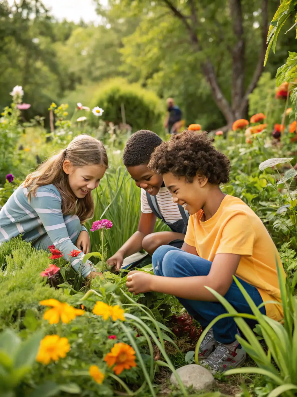 A heartwarming illustration of children planting trees and caring for a garden, with the Earth depicted as a vibrant and thriving ecosystem, representing the Living Earth theme for Mission All One.