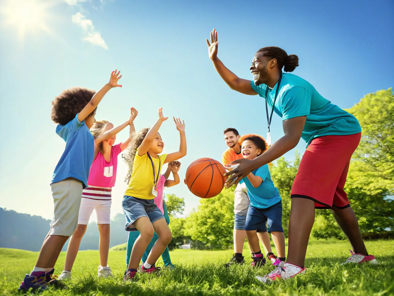 A vibrant illustration showing children playing various sports like soccer, basketball, and running, representing physical energy and active lifestyles.