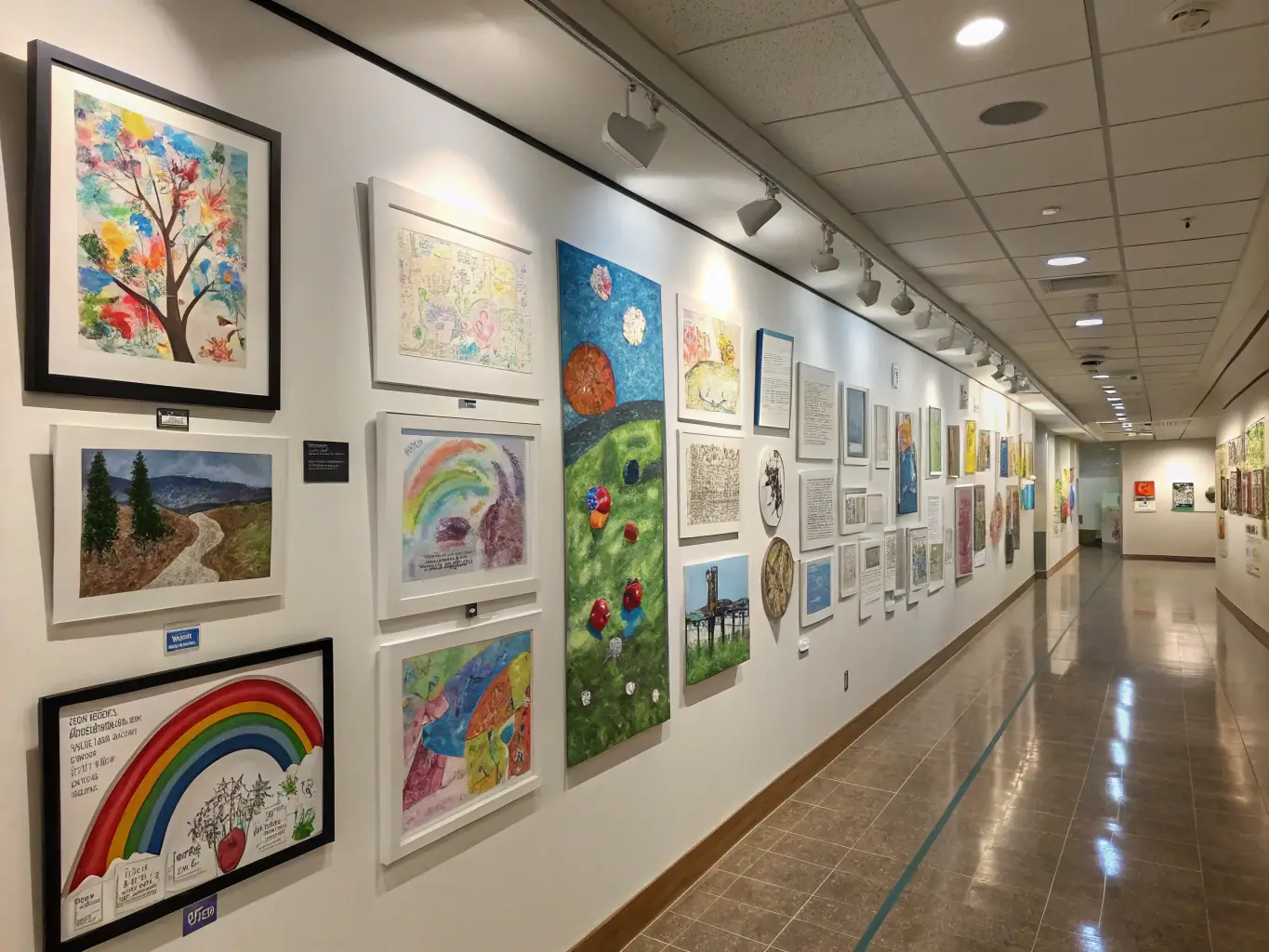 A colorful artwork created by children, featuring drawings, paintings, and crafts, representing creative energy and imaginative expression.